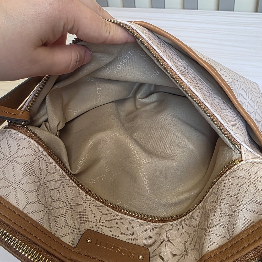 Rosetti Cream and Tan Faux Leather Geometric Diamond Pattern Crossbody Bag - Picture 6 of 12